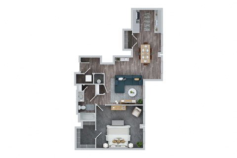 Floor plan for 1 bed, 1 bath, 901 sqft